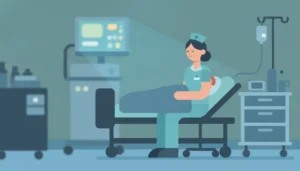 Night-shift hospital worker reflecting on sleep health and breathing during sleep